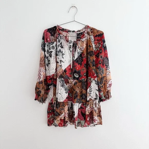 Johnny Was Claire Floral-print Tiered Chiffon Blouse Silk Blend